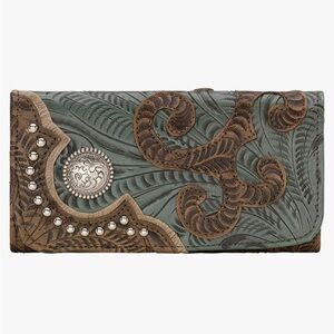 American West NWOT Genuine Leather Wallet Slim Hand Tooled Cowhide Handmade.